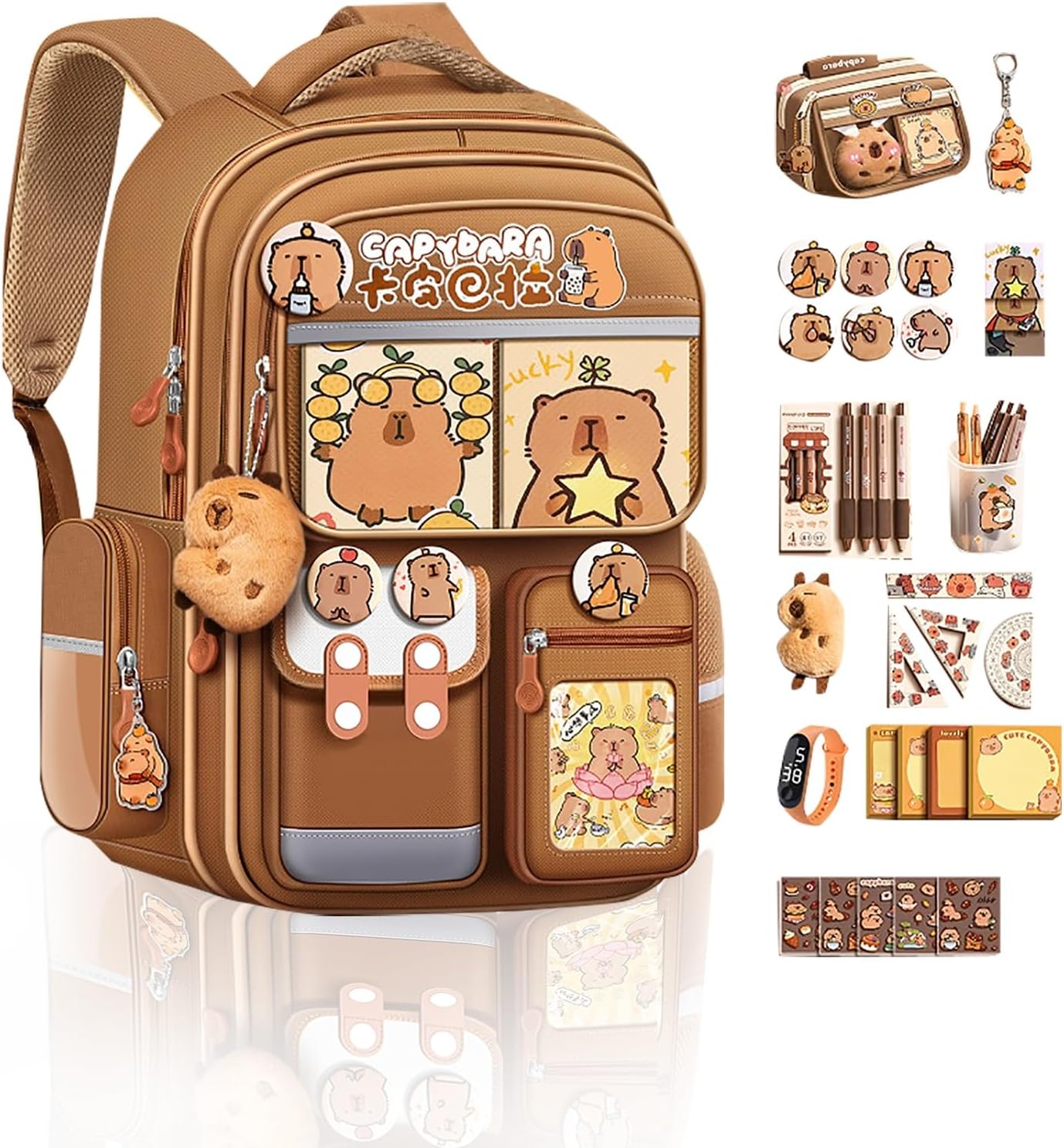 Kawaii Animal Backpack with Pencil Case - Capybara Design School Bag, Waterproof & Durable with Chest Buckle