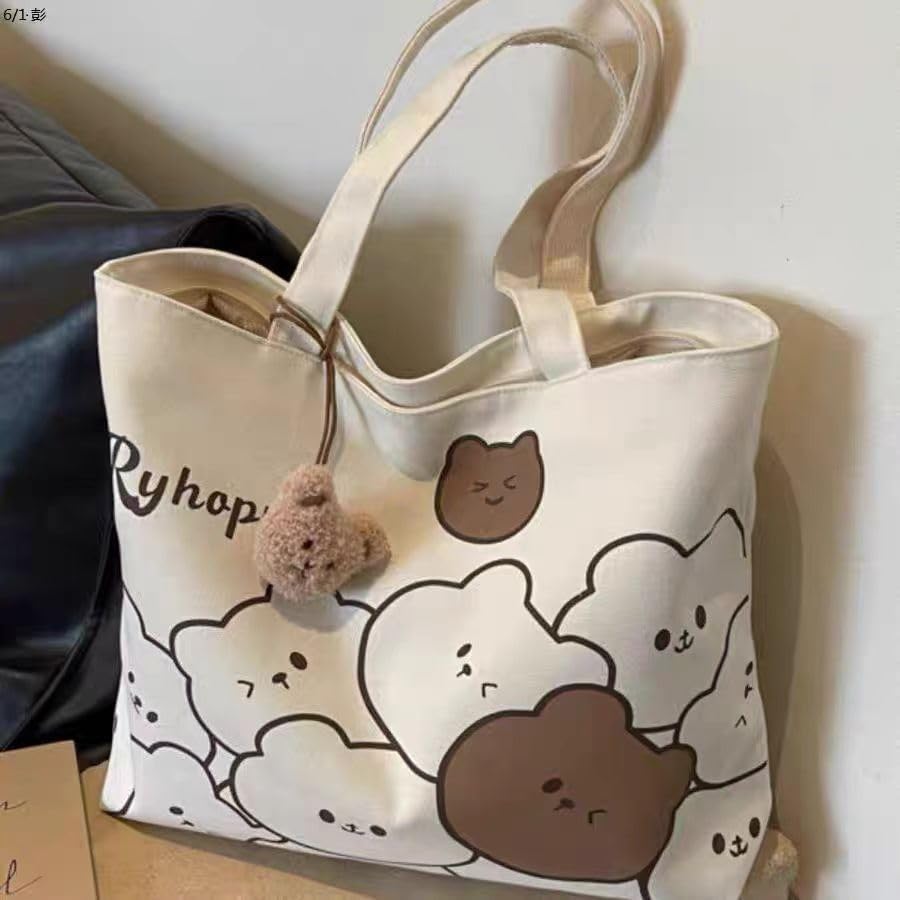 Kawaii Bear Canvas Tote Bag, Cream White with Plush Charm, Large Capacity Shoulder Bag for Daily, Work, Beach - Image 4