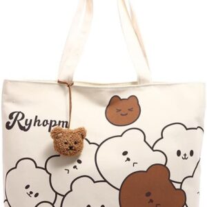Kawaii Bear Canvas Tote Bag, Cream White with Plush Charm, Large Capacity Shoulder Bag for Daily, Work, Beach