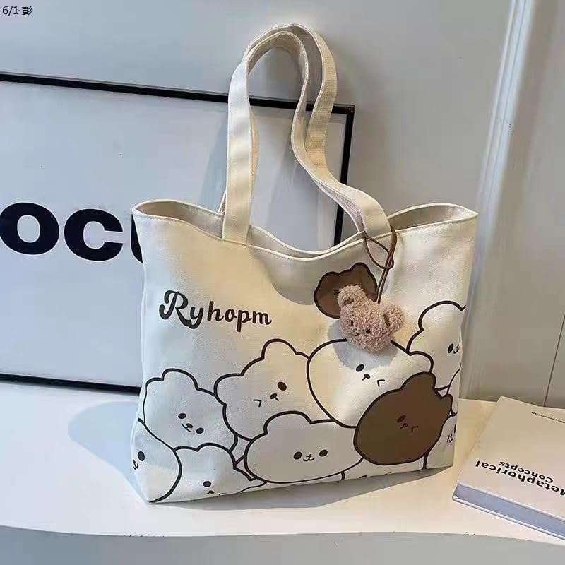 Kawaii Bear Canvas Tote Bag, Cream White with Plush Charm, Large Capacity Shoulder Bag for Daily, Work, Beach - Image 3