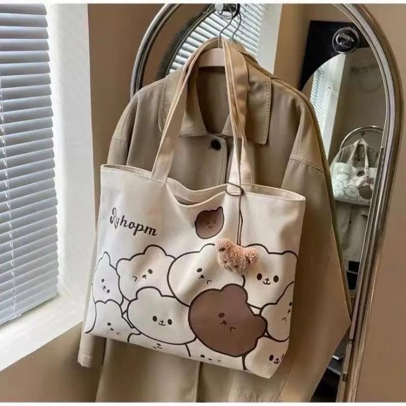 Kawaii Bear Canvas Tote Bag, Cream White with Plush Charm, Large Capacity Shoulder Bag for Daily, Work, Beach - Image 5