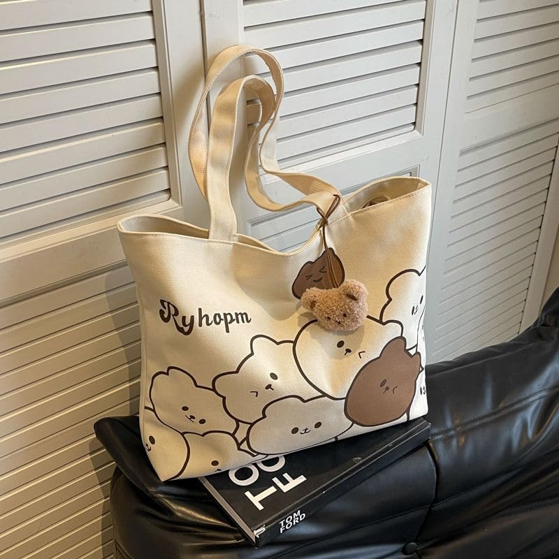 Kawaii Bear Canvas Tote Bag, Cream White with Plush Charm, Large Capacity Shoulder Bag for Daily, Work, Beach - Image 2