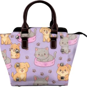 Kawaii Cat Dog Pattern Pu Leather Crossbody Studded Bag, Fashionable Shoulder Handbag With Detachable Shoulder Strap