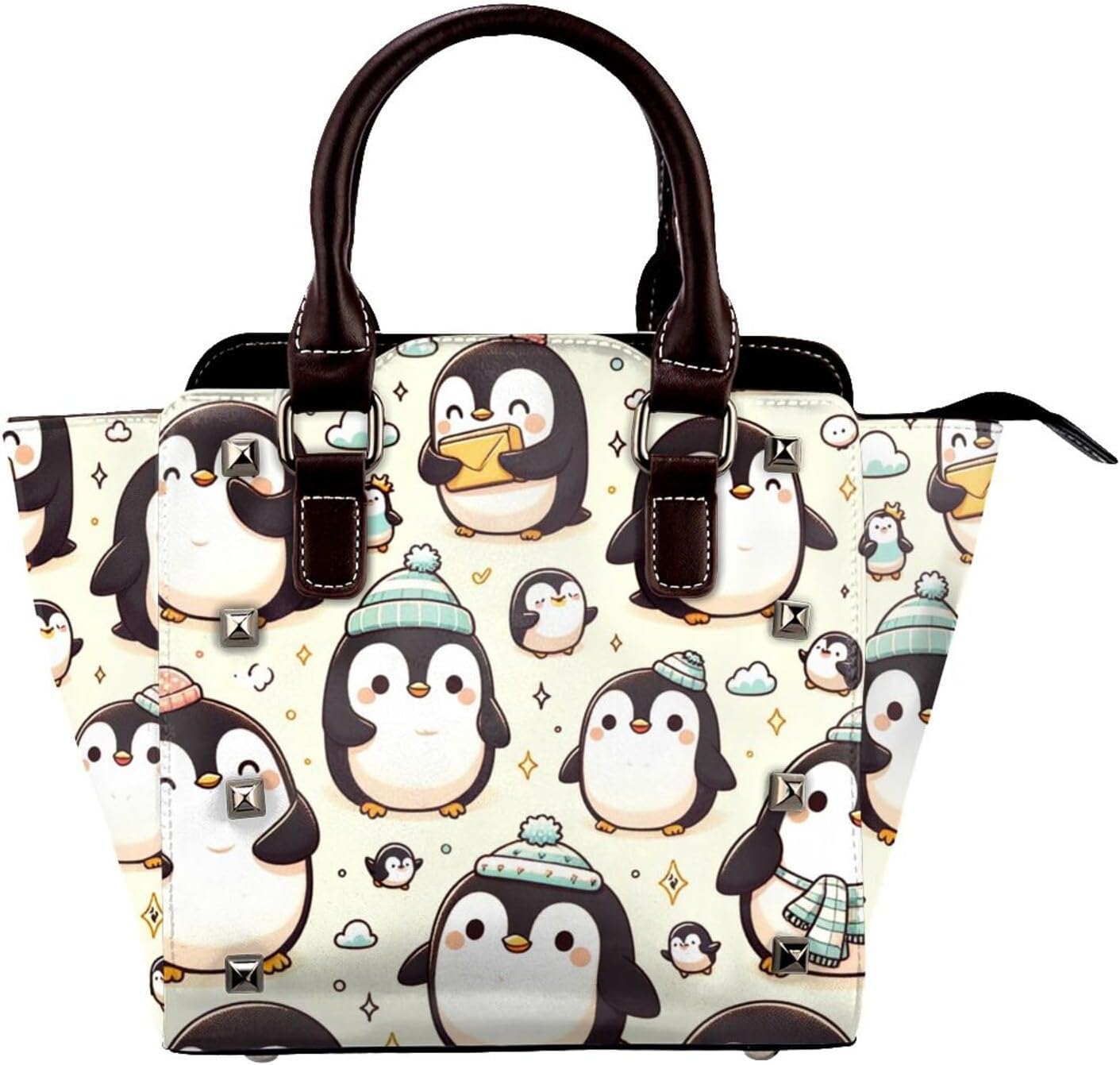 Kawaii-Emperor-Penguin Pu Leather Crossbody Studded Bag, Fashionable Shoulder Handbag With Detachable Shoulder Strap