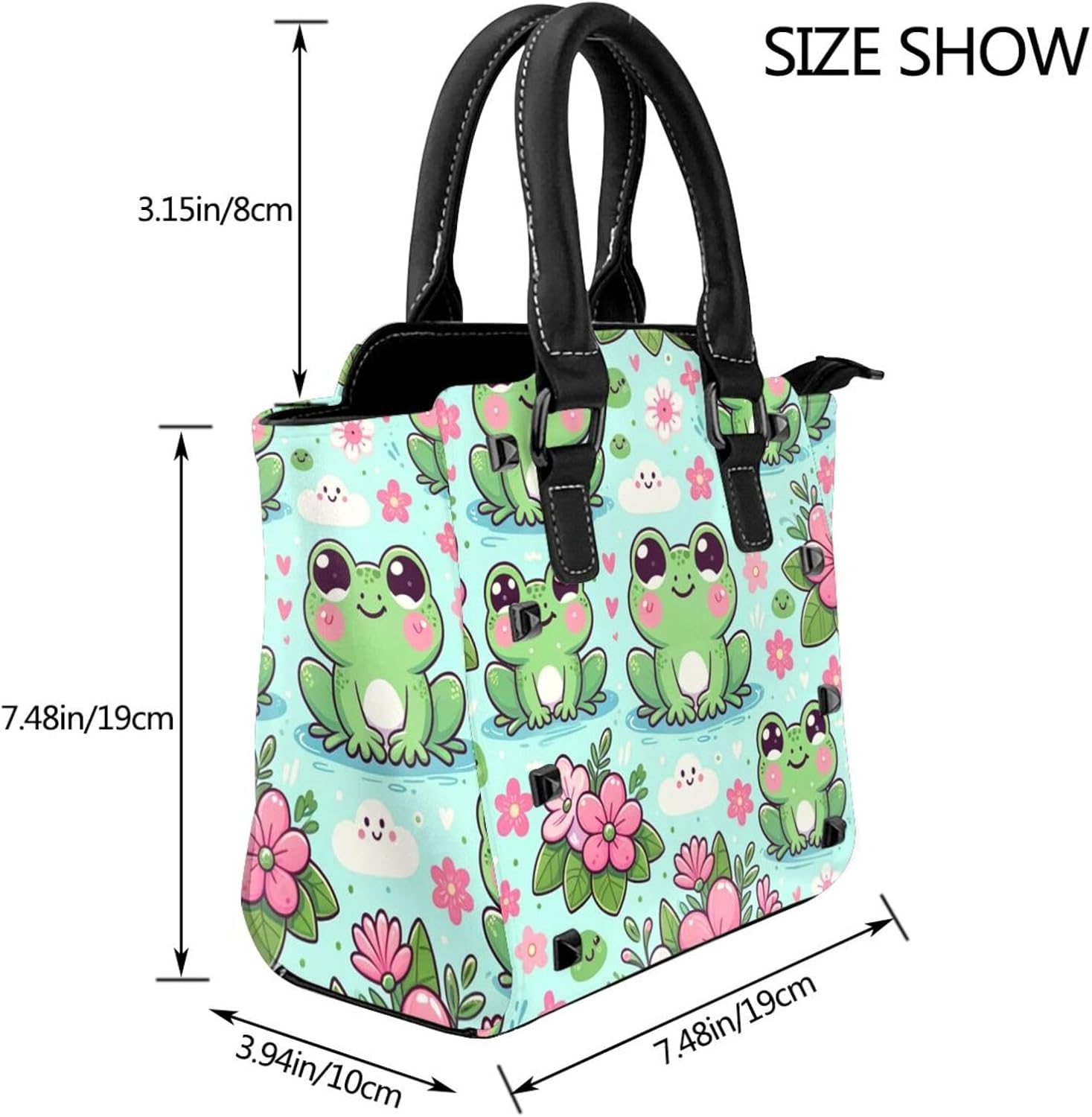 Kawaii-Frog-Flowers Pu Leather Crossbody Studded Bag, Fashionable Shoulder Handbag With Detachable Shoulder Strap - Image 3