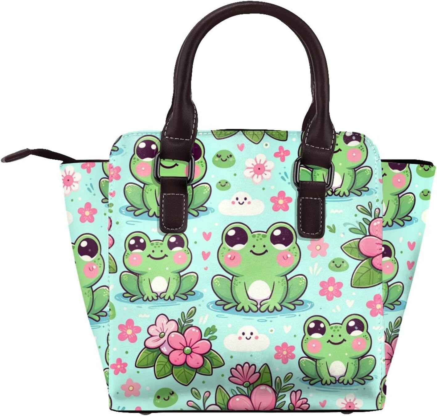 Kawaii-Frog-Flowers Pu Leather Crossbody Studded Bag, Fashionable Shoulder Handbag With Detachable Shoulder Strap - Image 2