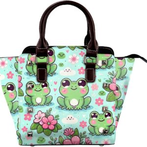 Kawaii-Frog-Flowers Pu Leather Crossbody Studded Bag, Fashionable Shoulder Handbag With Detachable Shoulder Strap
