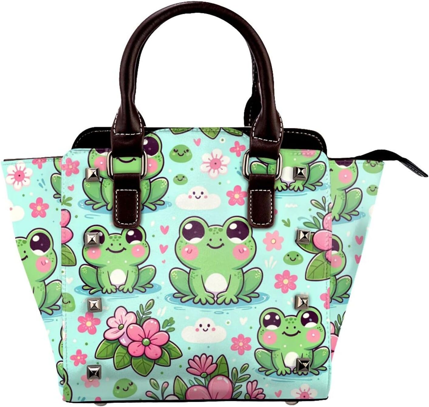 Kawaii-Frog-Flowers Pu Leather Crossbody Studded Bag, Fashionable Shoulder Handbag With Detachable Shoulder Strap