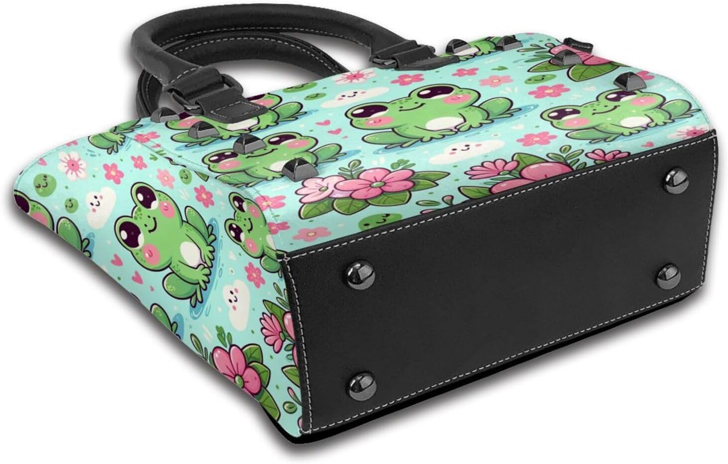 Kawaii-Frog-Flowers Pu Leather Crossbody Studded Bag, Fashionable Shoulder Handbag With Detachable Shoulder Strap - Image 4