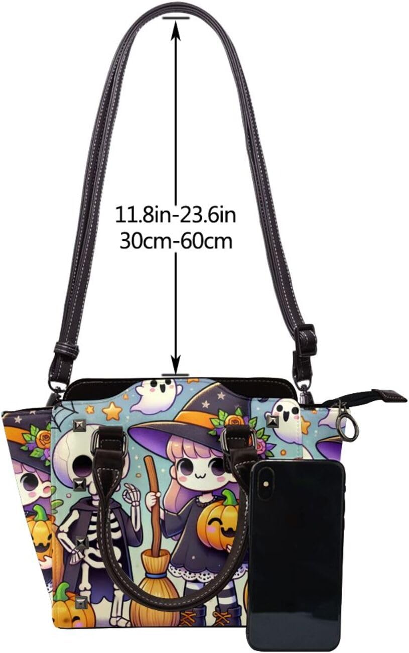 Kawaii-Halloween-Witches-Pumpkins Pu Leather Crossbody Studded Bag, Fashionable Shoulder Handbag With Detachable Shoulder Strap - Image 5