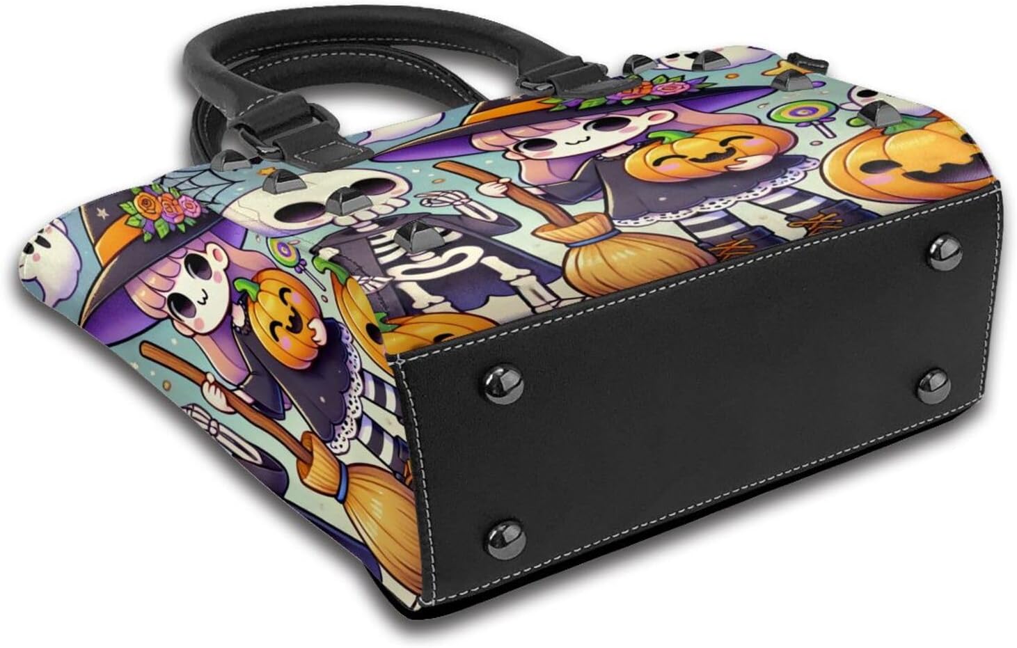 Kawaii-Halloween-Witches-Pumpkins Pu Leather Crossbody Studded Bag, Fashionable Shoulder Handbag With Detachable Shoulder Strap - Image 4