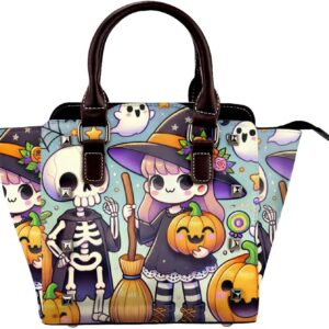 Kawaii-Halloween-Witches-Pumpkins Pu Leather Crossbody Studded Bag, Fashionable Shoulder Handbag With Detachable Shoulder Strap