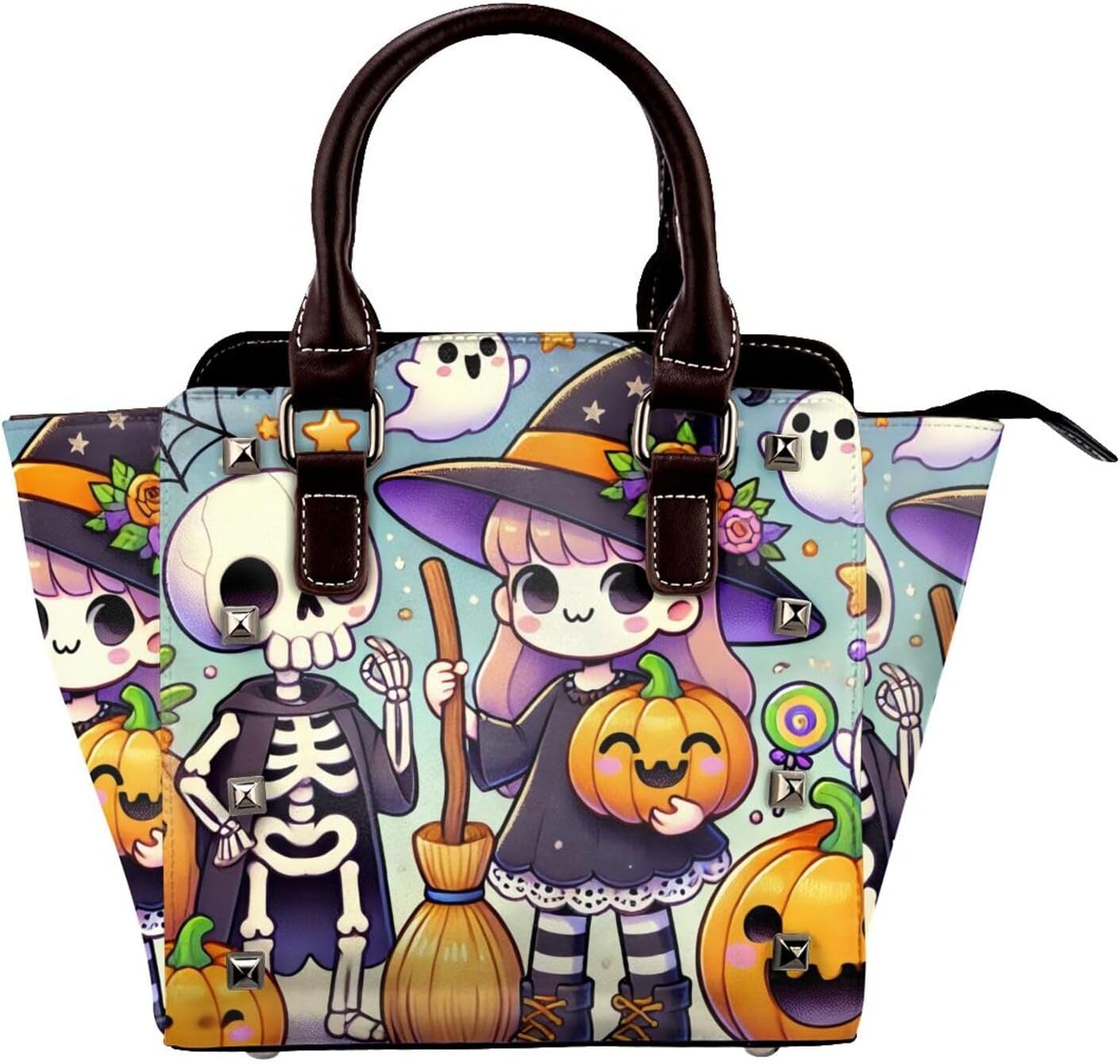 Kawaii-Halloween-Witches-Pumpkins Pu Leather Crossbody Studded Bag, Fashionable Shoulder Handbag With Detachable Shoulder Strap