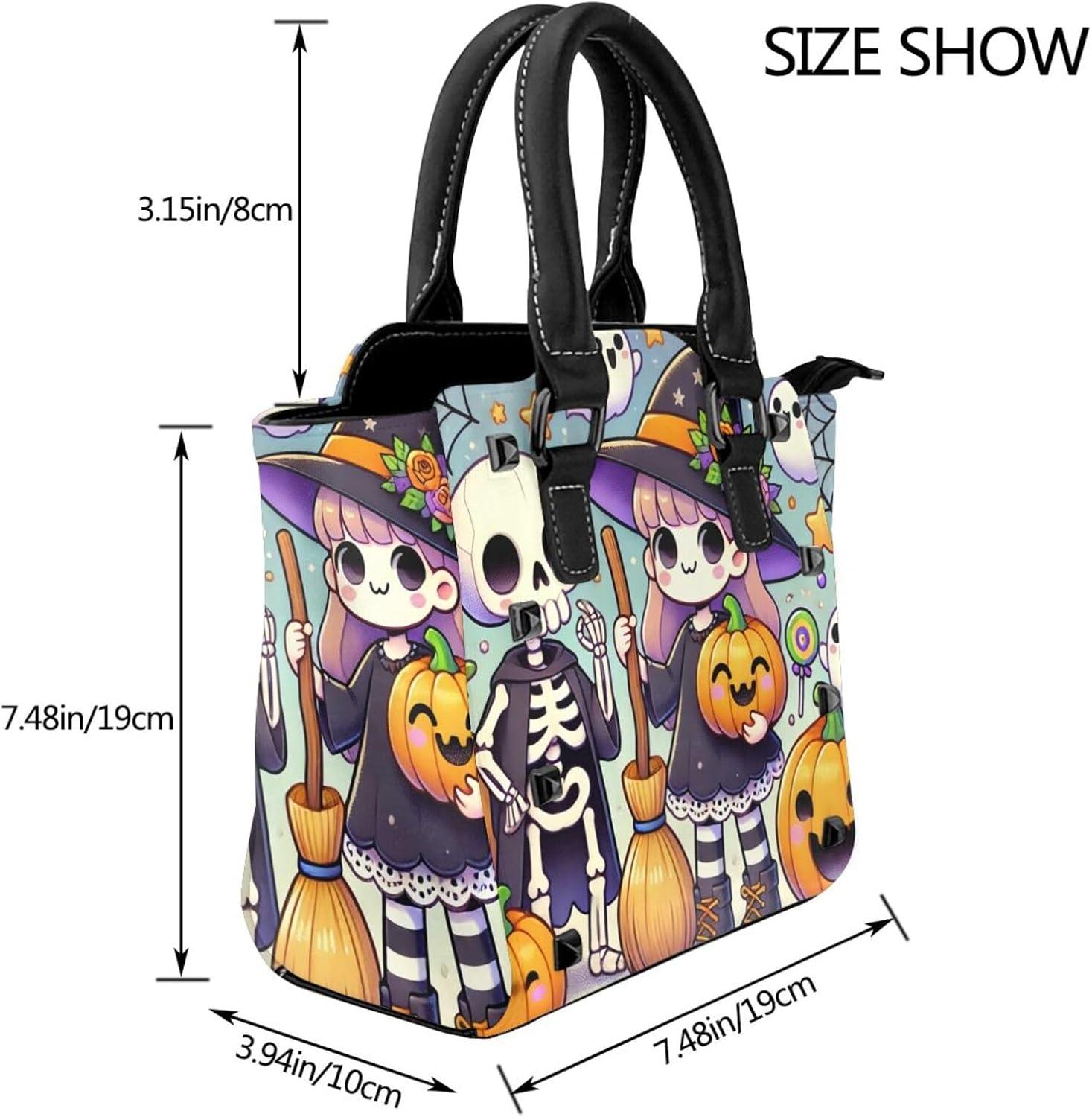 Kawaii-Halloween-Witches-Pumpkins Pu Leather Crossbody Studded Bag, Fashionable Shoulder Handbag With Detachable Shoulder Strap - Image 3