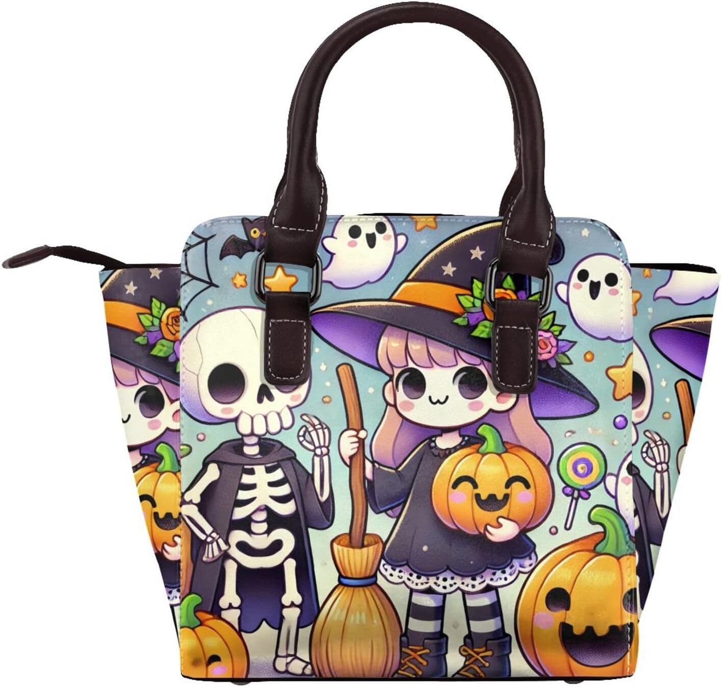 Kawaii-Halloween-Witches-Pumpkins Pu Leather Crossbody Studded Bag, Fashionable Shoulder Handbag With Detachable Shoulder Strap - Image 2