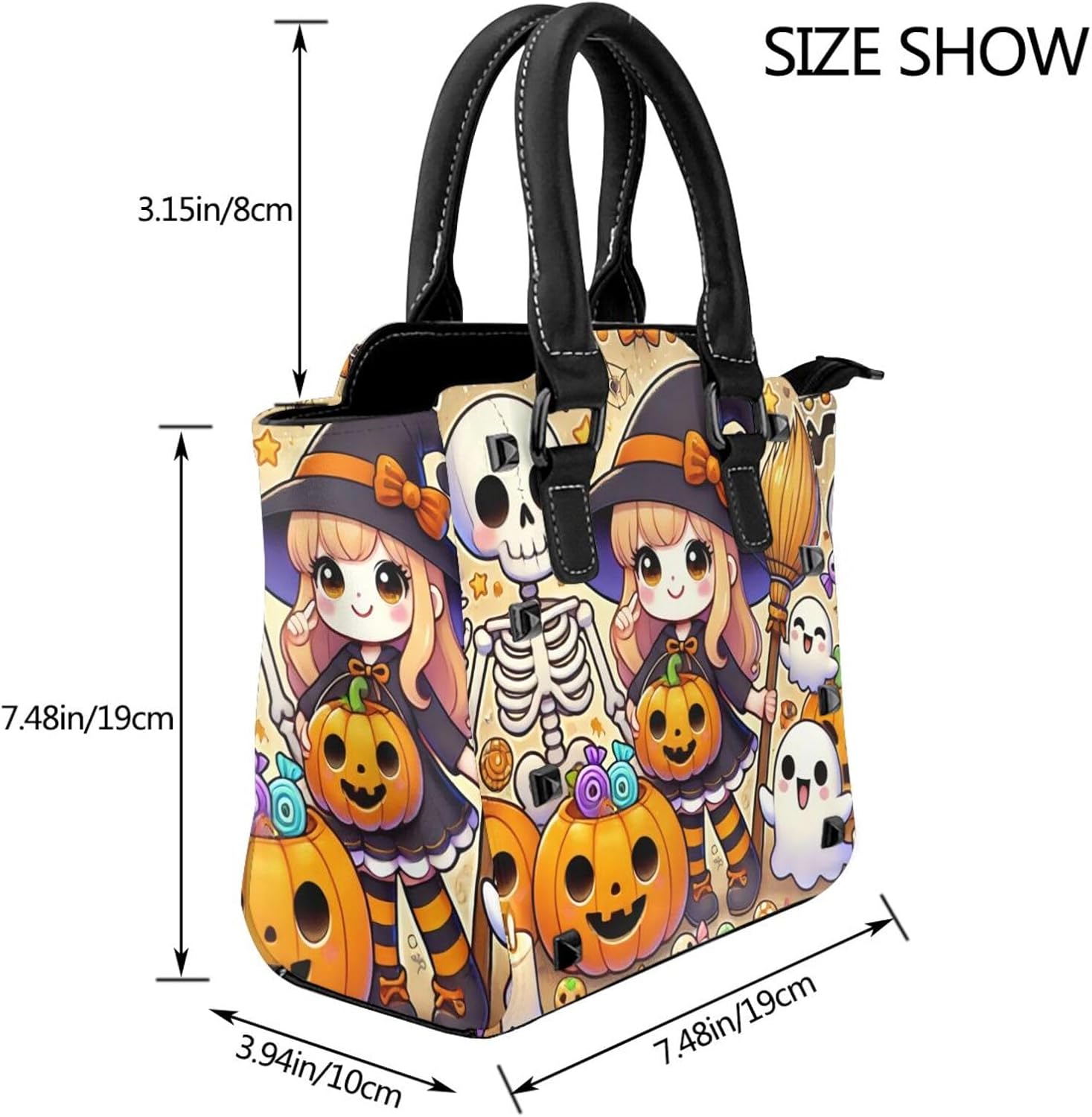 Kawaii-Halloween-Witches-Skeletons Pu Leather Crossbody Studded Bag, Fashionable Shoulder Handbag With Detachable Shoulder Strap - Image 3