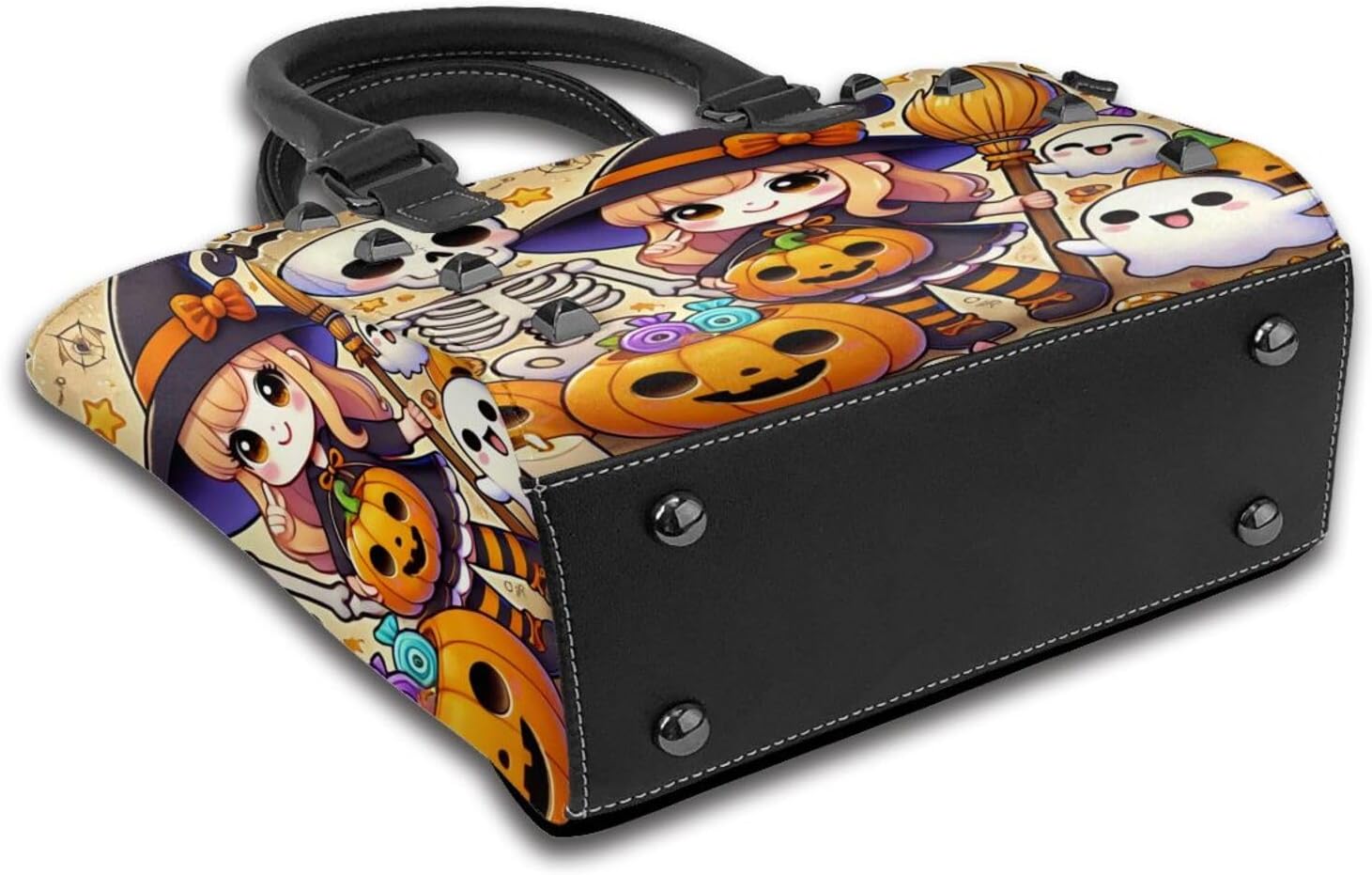 Kawaii-Halloween-Witches-Skeletons Pu Leather Crossbody Studded Bag, Fashionable Shoulder Handbag With Detachable Shoulder Strap - Image 4