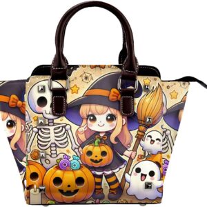 Kawaii-Halloween-Witches-Skeletons Pu Leather Crossbody Studded Bag, Fashionable Shoulder Handbag With Detachable Shoulder Strap