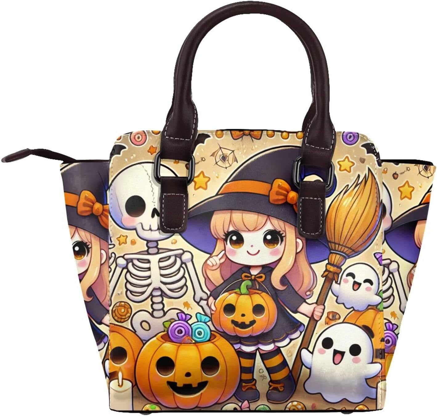 Kawaii-Halloween-Witches-Skeletons Pu Leather Crossbody Studded Bag, Fashionable Shoulder Handbag With Detachable Shoulder Strap - Image 2