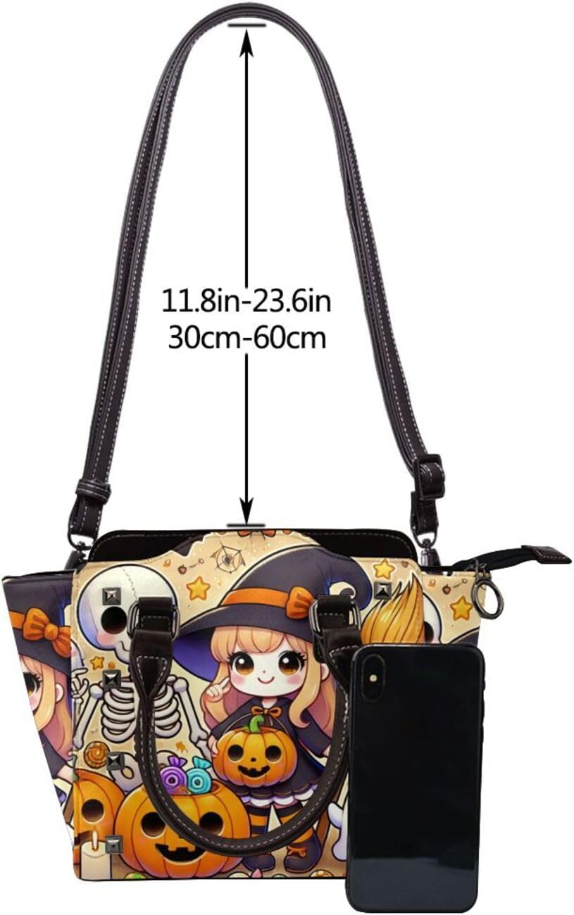 Kawaii-Halloween-Witches-Skeletons Pu Leather Crossbody Studded Bag, Fashionable Shoulder Handbag With Detachable Shoulder Strap - Image 5
