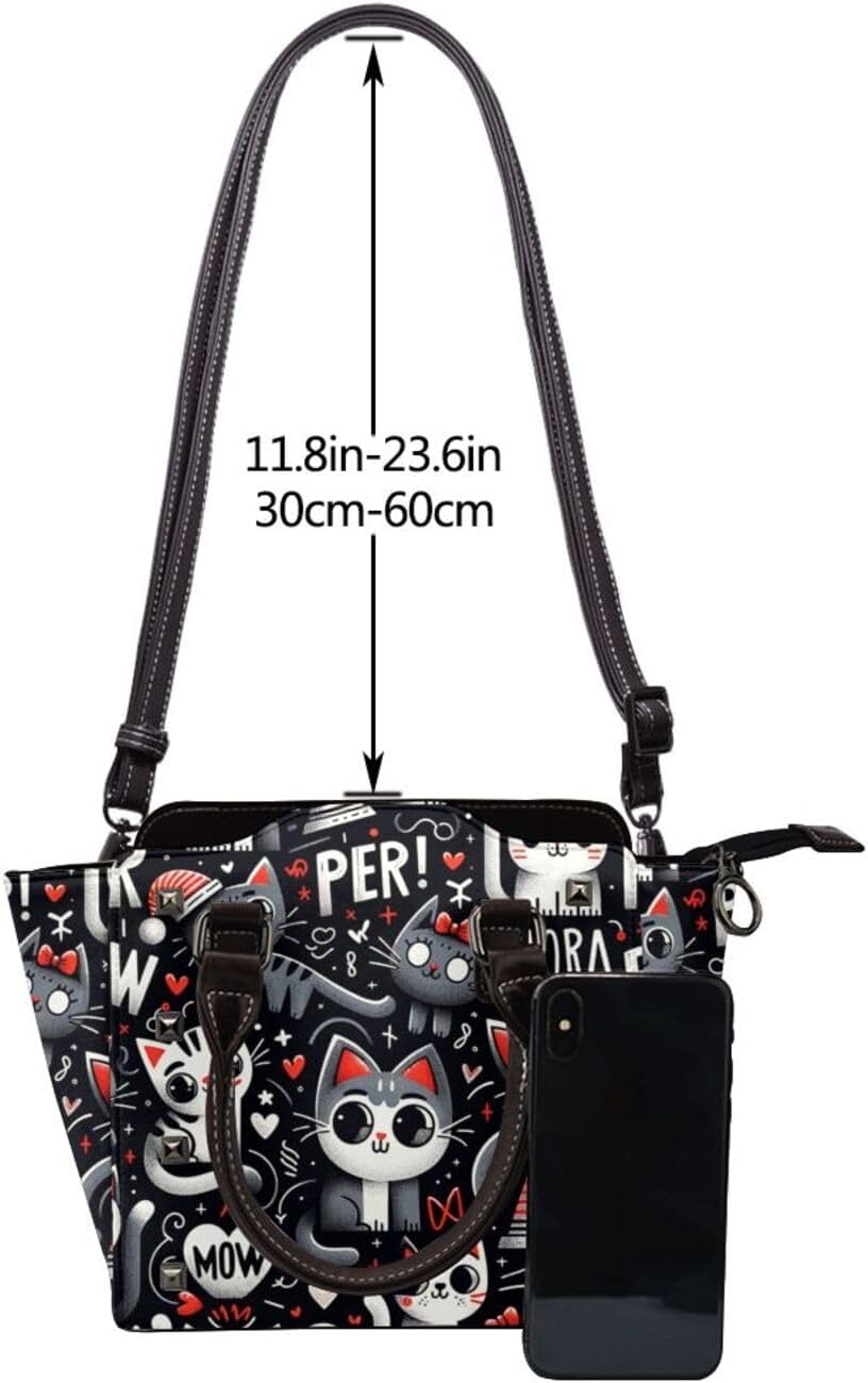 Kawaii-Kittens-Cats-Love Pu Leather Crossbody Studded Bag, Fashionable Shoulder Handbag With Detachable Shoulder Strap - Image 5