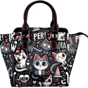 Kawaii-Kittens-Cats-Love Pu Leather Crossbody Studded Bag, Fashionable Shoulder Handbag With Detachable Shoulder Strap