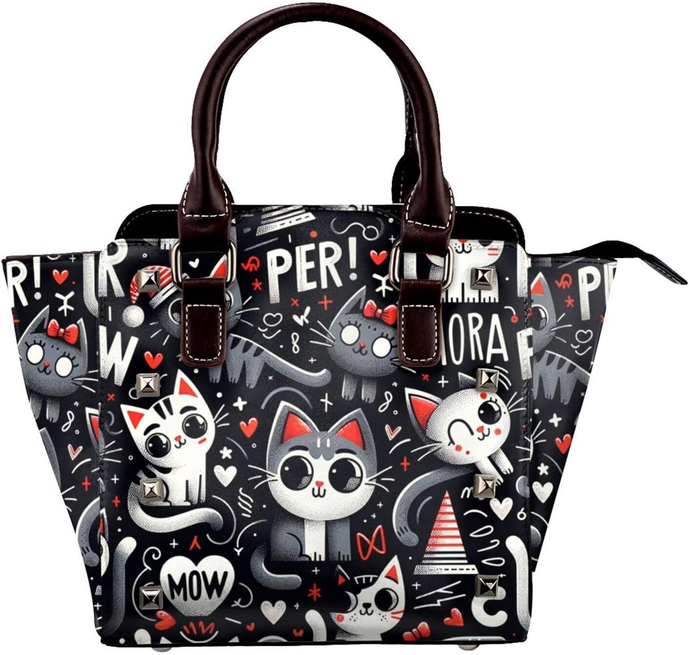 Kawaii-Kittens-Cats-Love Pu Leather Crossbody Studded Bag, Fashionable Shoulder Handbag With Detachable Shoulder Strap