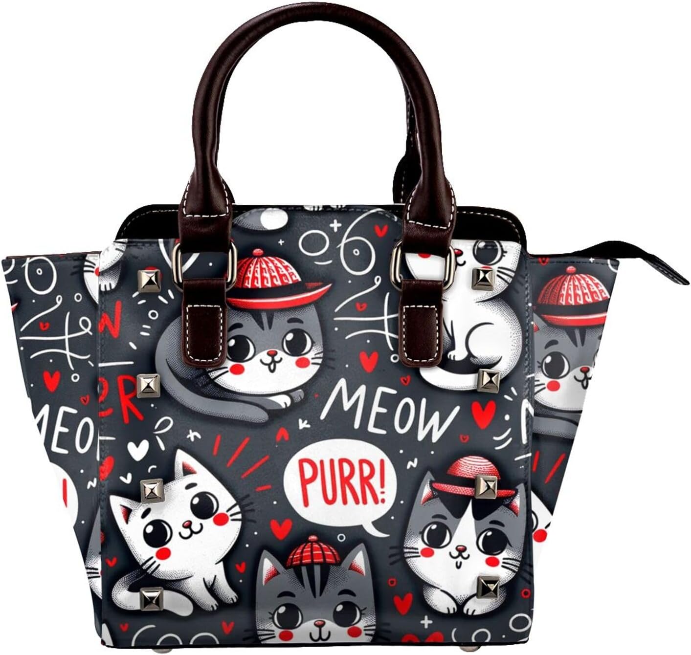 Kawaii-Kittens-Cats Pu Leather Crossbody Studded Bag, Fashionable Shoulder Handbag With Detachable Shoulder Strap
