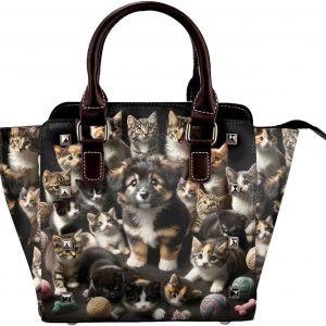Kawaii-Kittens-Puppy Pu Leather Crossbody Studded Bag, Fashionable Shoulder Handbag With Detachable Shoulder Strap