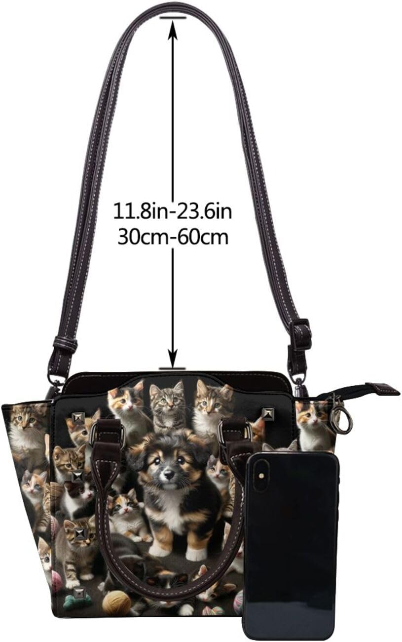 Kawaii-Kittens-Puppy Pu Leather Crossbody Studded Bag, Fashionable Shoulder Handbag With Detachable Shoulder Strap - Image 5