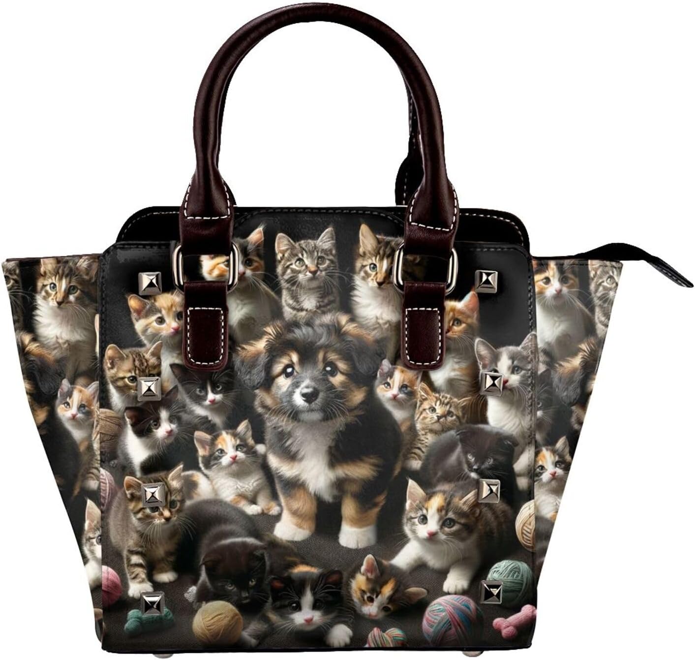 Kawaii-Kittens-Puppy Pu Leather Crossbody Studded Bag, Fashionable Shoulder Handbag With Detachable Shoulder Strap