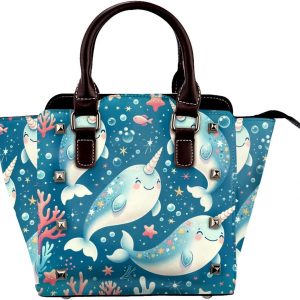 Kawaii-Narwhals Pu Leather Crossbody Studded Bag, Fashionable Shoulder Handbag With Detachable Shoulder Strap