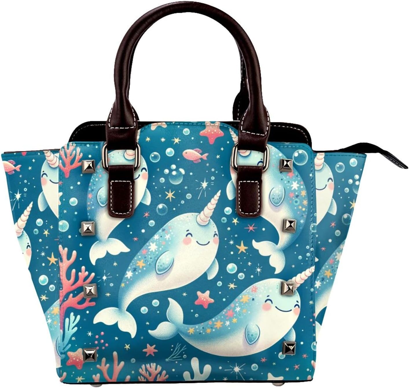 Kawaii-Narwhals Pu Leather Crossbody Studded Bag, Fashionable Shoulder Handbag With Detachable Shoulder Strap