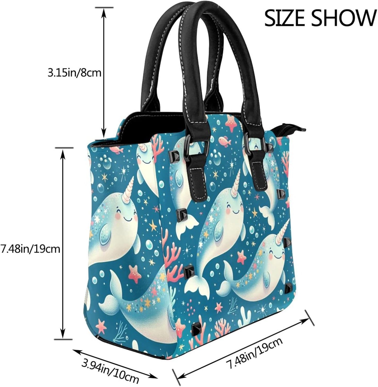 Kawaii-Narwhals Pu Leather Crossbody Studded Bag, Fashionable Shoulder Handbag With Detachable Shoulder Strap - Image 3