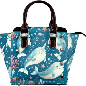 Kawaii-Narwhals Pu Leather Crossbody Studded Bag, Fashionable Shoulder Handbag With Detachable Shoulder Strap