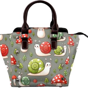 Kawaii-Snails-Mushrooms Pu Leather Crossbody Studded Bag, Fashionable Shoulder Handbag With Detachable Shoulder Strap