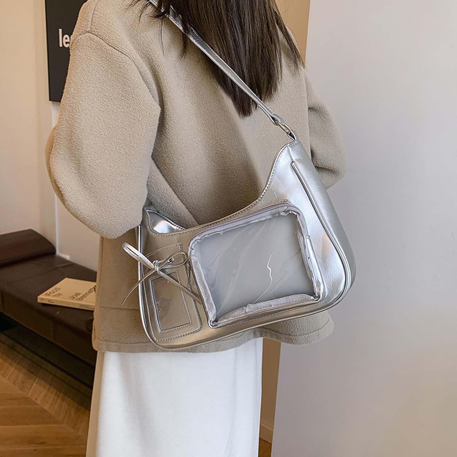 KeAiDMon Y2k Fashion Shoulder Bag Kawaii Lolita Ita Bag Badge Display Bag with Two Transparent Display Windows - Image 3