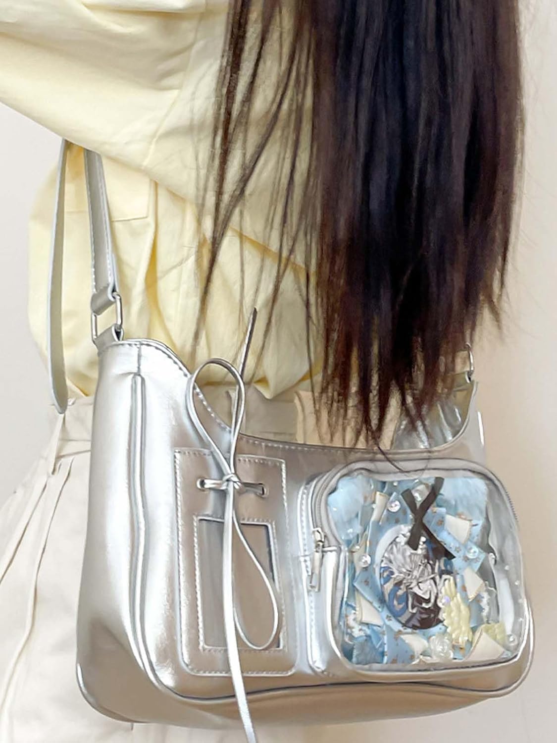 KeAiDMon Y2k Fashion Shoulder Bag Kawaii Lolita Ita Bag Badge Display Bag with Two Transparent Display Windows - Image 8