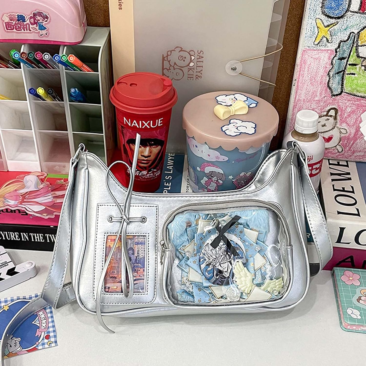 KeAiDMon Y2k Fashion Shoulder Bag Kawaii Lolita Ita Bag Badge Display Bag with Two Transparent Display Windows - Image 6