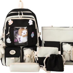 pdghiue 5-Piece Backpack Set, Nylon Material i##e##s: Kawaii ^^ Aesthetic ^^ Durable ^^ Adorable ^^ with Kawaii Pin ^^ Pendants Accessories :i##e##s