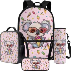 Poceacles 4 PCS Kids Backpack Set with Matching Lunch Bag, Pencil Case, Water Bottle Sleeve, Large Capacity School Bag for Students, Kawaii Bookbag, Koala Love Glasses Ice Cream Candy