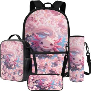 Poceacles 4 Pieces Backpack Sets for Girls Boys, Including Kawaii Rucksack Pencil Case Lunch Box Bag Bottle Sleeve for Primary Junior High School, Travel, Picnic, Cute Axolotl Cherry Blossom Pink