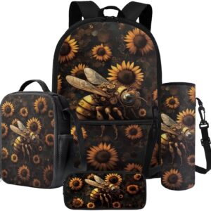 Poceacles 4 Pieces Backpack Sets for Girls Boys, Including Kawaii Rucksack Pencil Case Lunch Box Bag Bottle Sleeve for Primary Junior High School, Travel, Picnic, Sunflower Mechanical Bee