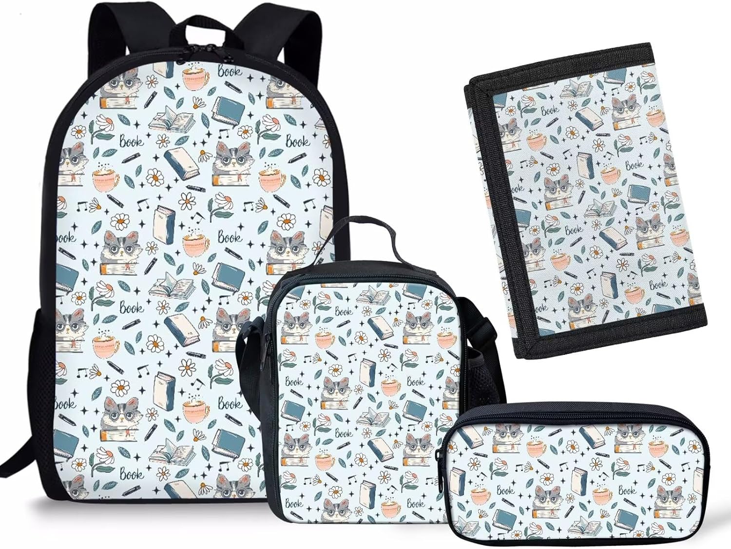 Rnyleeg 4Pcs Cute Cats School Bag Kawaii Backpack for Toddler Girls Preschool Kindergarten Backpacks and Lunch Box Set with Children Wallet Purse Pencil Holder