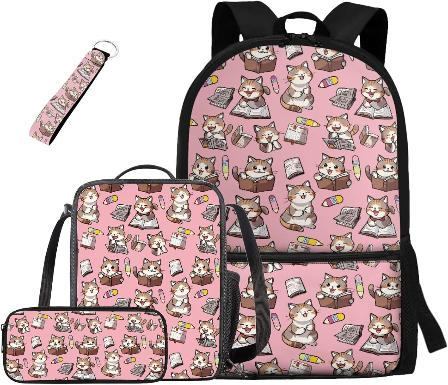 Rnyleeg Book Cat Backpack for Girls 10-12 with Lunch Box Kawaii Girls Bookbag Set Large Size School Bag 4 in 1 for Primary Middle School Back to School Gifts