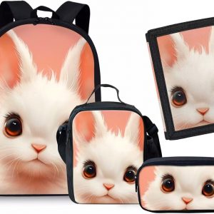 Rnyleeg Bunny Backpack for Girls Kawaii School Bag Preschool Elementary Students Bookbag with Kids Wallets Insulated Lunch Box&Pencil Holder Set