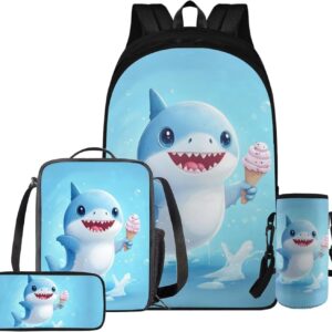 Rnyleeg Cartoon Shark Backpack for Kids 6-8 with Lunch Bag Kawaii School Backpack Set for Boys Girls Sky Blue Kids Bookbag for Elementary Students