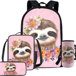 Rnyleeg Flower Sloth Backpack for School Pink Cute Girls Backpack with Lunch Box and Water Bottle Cover 4 in 1 Bookbag Set for Elementary Middle Students Kawaii Bag for School