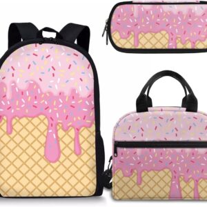 Rnyleeg Girls Backpack Set with Lunch Box&Pencil Holder 3Pcs Pink Ice Cream Kawaii Backpack for Girls Preschool Elementary School Bag Students Bookbag