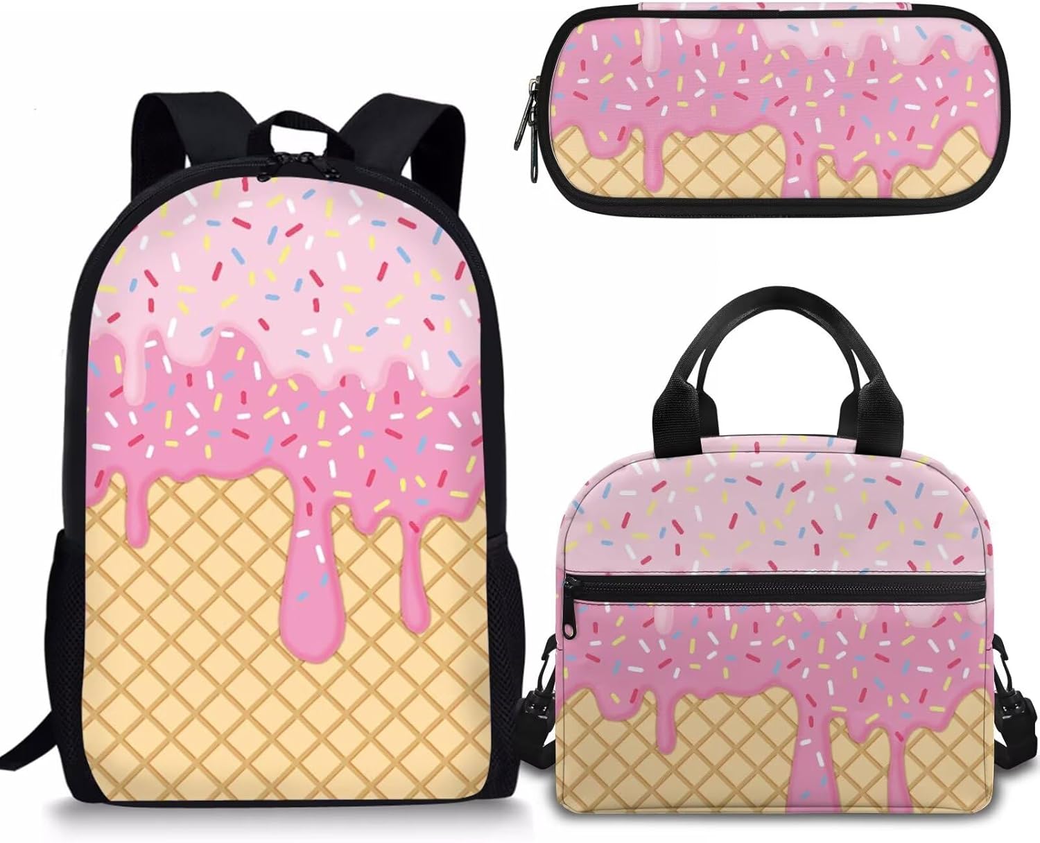 Rnyleeg Girls Backpack Set with Lunch Box&Pencil Holder 3Pcs Pink Ice Cream Kawaii Backpack for Girls Preschool Elementary School Bag Students Bookbag